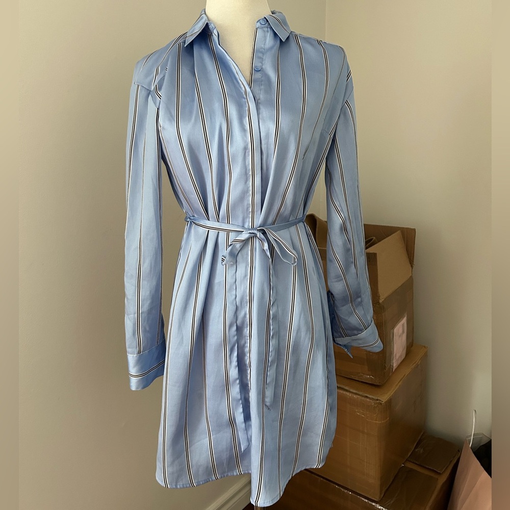 Express Women’s Blue Striped Button-Up Shirt Dress with belt size XS